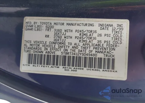 2000 Toyota Tundra Sr5 V8 from USA, damaged, VIN 5TBRT3412YS049480